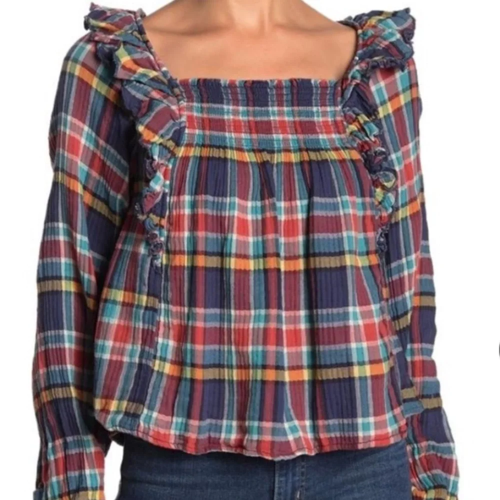 WE THE FREE PEOPLE Sienna Plaid Ruffle Top Size Large